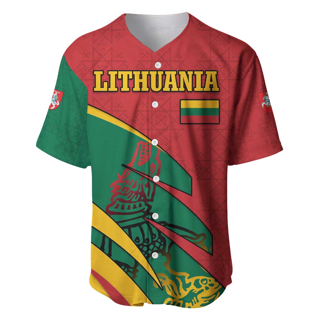 Lithuania Red and Green Baseball Jersey with Knight and Dragon Claw Graphic and National Flag - Wonder Print Shop
