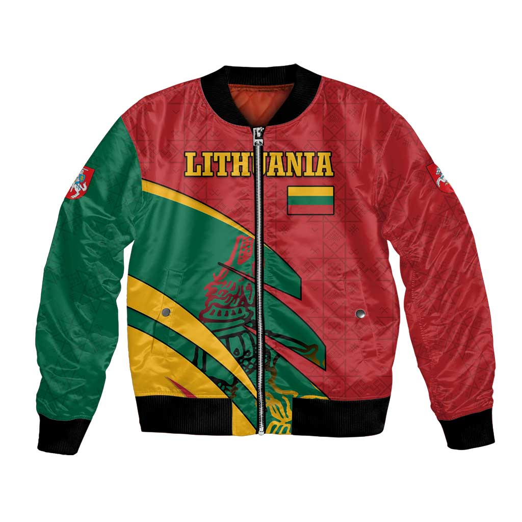 Lithuania Red and Green Bomber Jacket with Knight and Dragon Claw Graphic and National Flag - Wonder Print Shop