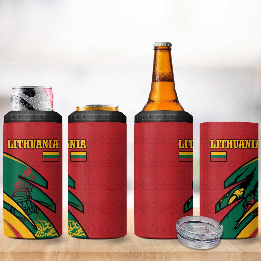 Lithuania Red and Green 4 in 1 Can Cooler Tumbler with Knight and Dragon Claw Graphic and National Flag - Wonder Print Shop