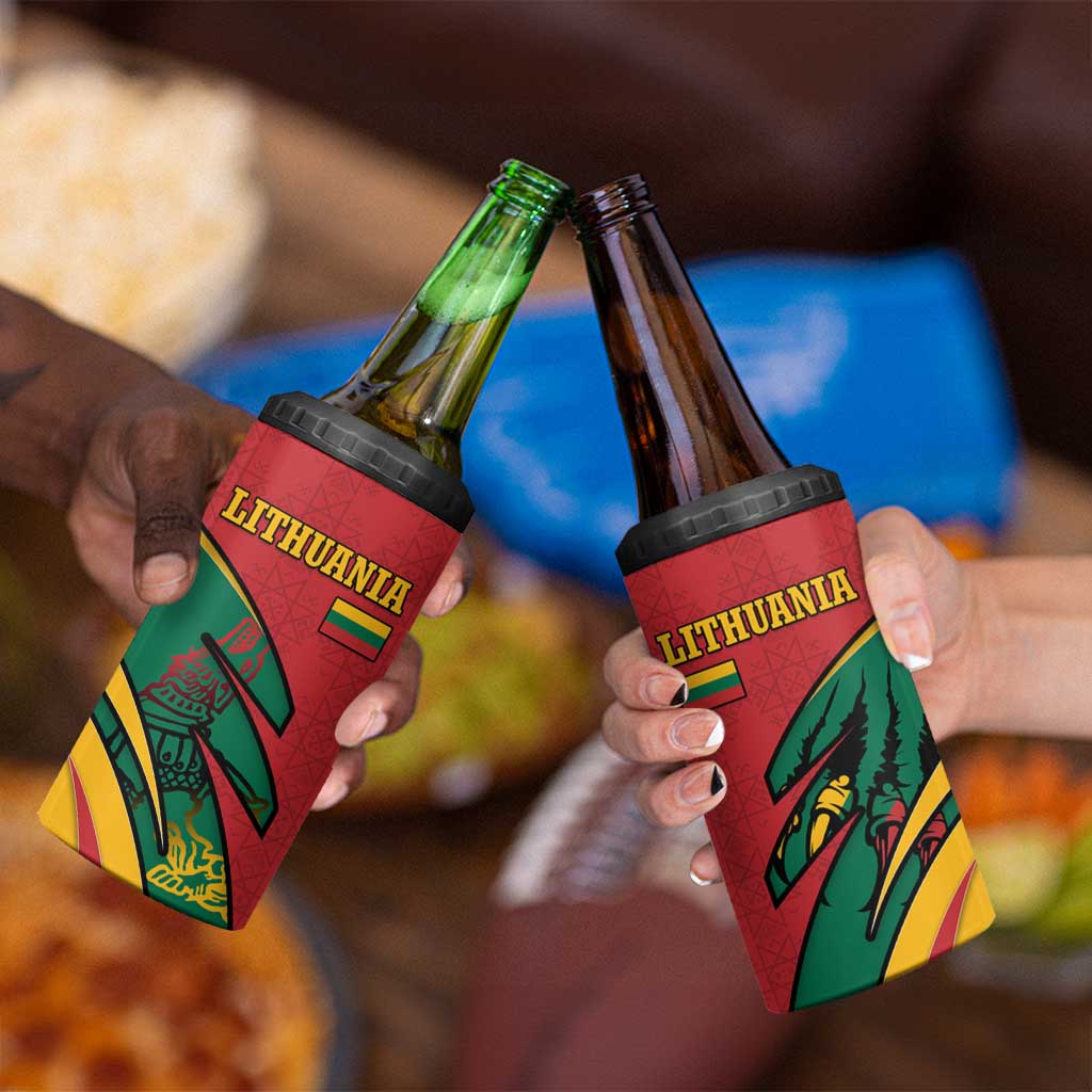 Lithuania Red and Green 4 in 1 Can Cooler Tumbler with Knight and Dragon Claw Graphic and National Flag - Wonder Print Shop