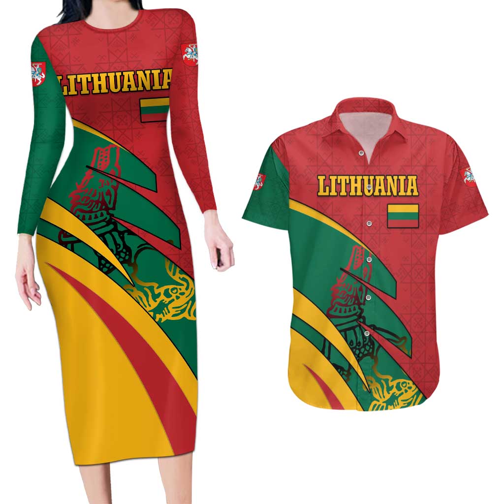 Lithuania Red and Green Couples Matching Long Sleeve Bodycon Dress and Hawaiian Shirt with Knight and Dragon Claw Graphic and National Flag - Wonder Print Shop