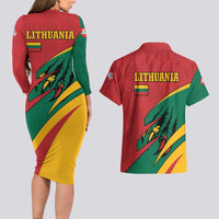 Lithuania Red and Green Couples Matching Long Sleeve Bodycon Dress and Hawaiian Shirt with Knight and Dragon Claw Graphic and National Flag - Wonder Print Shop