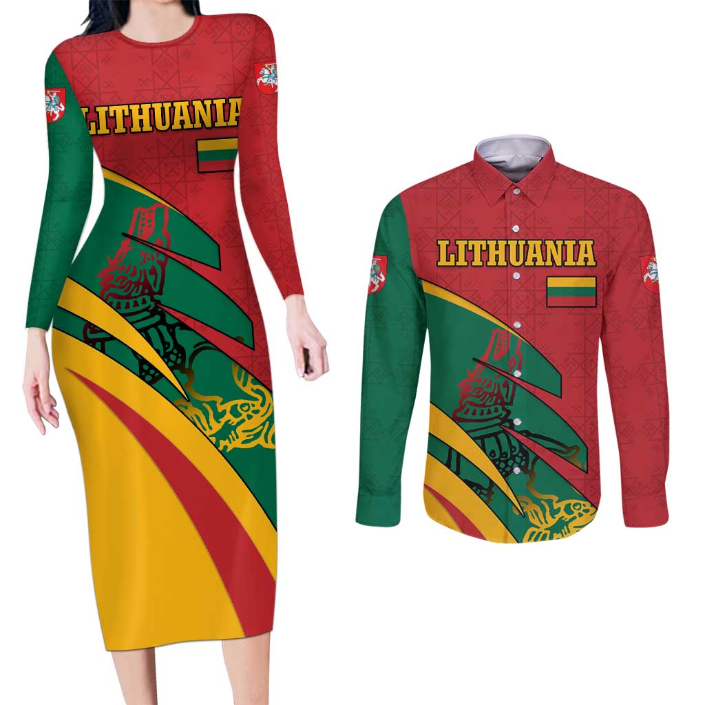 Lithuania Red and Green Couples Matching Long Sleeve Bodycon Dress and Long Sleeve Button Shirt with Knight and Dragon Claw Graphic and National Flag - Wonder Print Shop