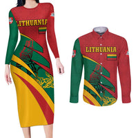 Lithuania Red and Green Couples Matching Long Sleeve Bodycon Dress and Long Sleeve Button Shirt with Knight and Dragon Claw Graphic and National Flag - Wonder Print Shop