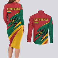 Lithuania Red and Green Couples Matching Long Sleeve Bodycon Dress and Long Sleeve Button Shirt with Knight and Dragon Claw Graphic and National Flag - Wonder Print Shop