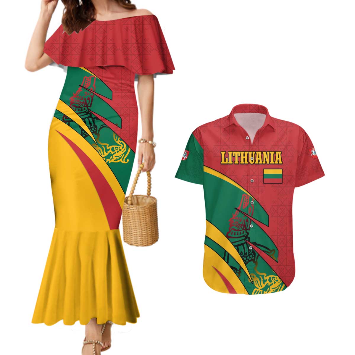 Lithuania Red and Green Couples Matching Mermaid Dress and Hawaiian Shirt with Knight and Dragon Claw Graphic and National Flag - Wonder Print Shop