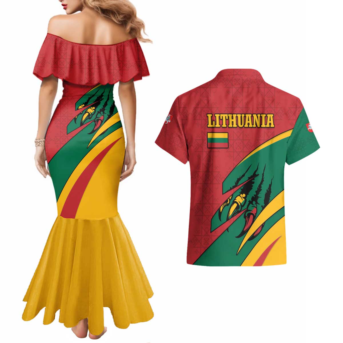 Lithuania Red and Green Couples Matching Mermaid Dress and Hawaiian Shirt with Knight and Dragon Claw Graphic and National Flag - Wonder Print Shop