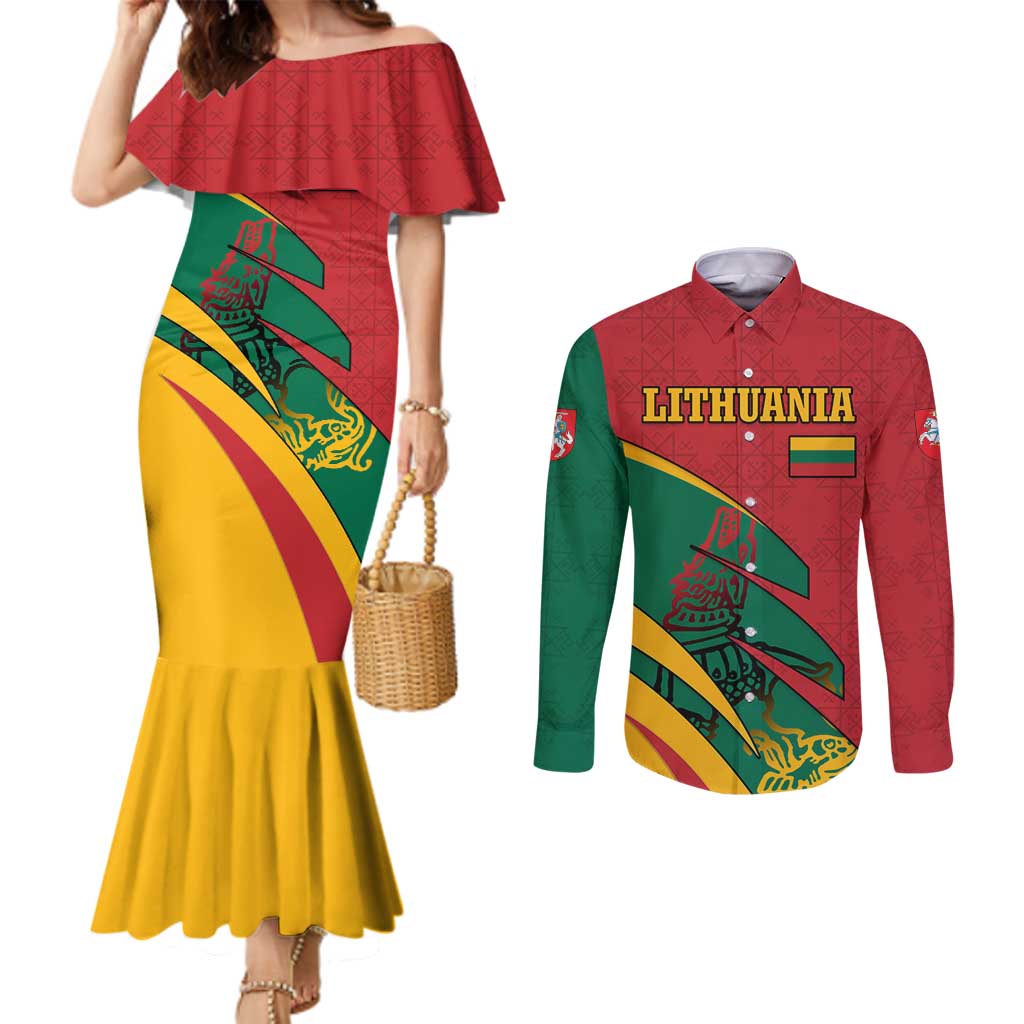 Lithuania Red and Green Couples Matching Mermaid Dress and Long Sleeve Button Shirt with Knight and Dragon Claw Graphic and National Flag - Wonder Print Shop