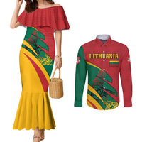 Lithuania Red and Green Couples Matching Mermaid Dress and Long Sleeve Button Shirt with Knight and Dragon Claw Graphic and National Flag - Wonder Print Shop
