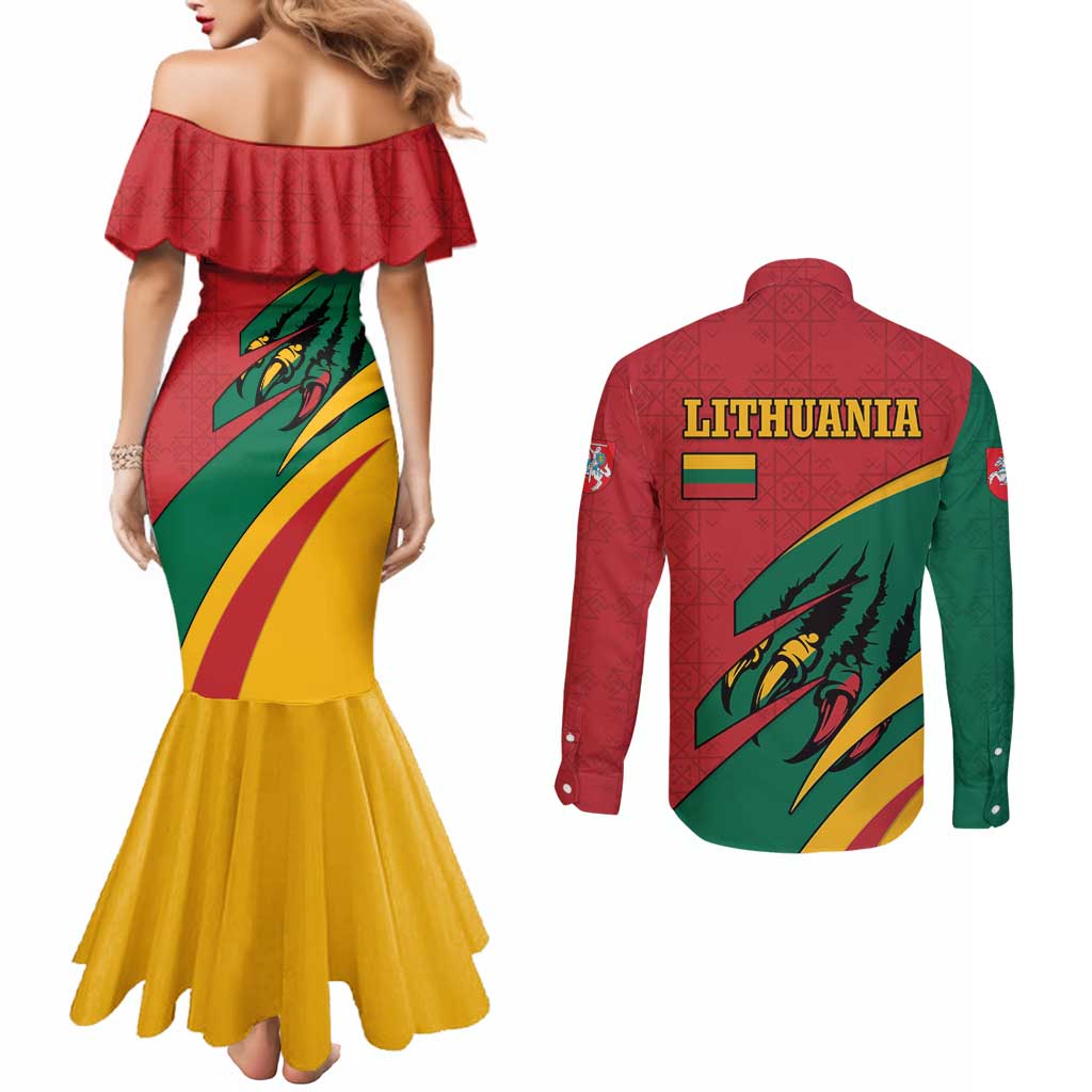 Lithuania Red and Green Couples Matching Mermaid Dress and Long Sleeve Button Shirt with Knight and Dragon Claw Graphic and National Flag - Wonder Print Shop