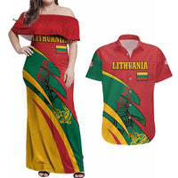 Lithuania Red and Green Couples Matching Off Shoulder Maxi Dress and Hawaiian Shirt with Knight and Dragon Claw Graphic and National Flag - Wonder Print Shop