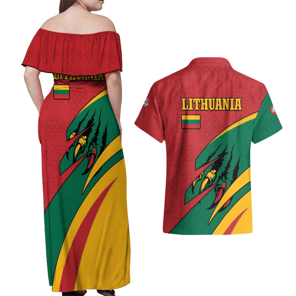 Lithuania Red and Green Couples Matching Off Shoulder Maxi Dress and Hawaiian Shirt with Knight and Dragon Claw Graphic and National Flag - Wonder Print Shop