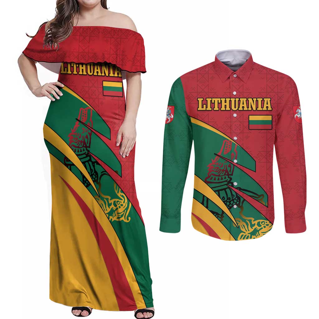 Lithuania Red and Green Couples Matching Off Shoulder Maxi Dress and Long Sleeve Button Shirt with Knight and Dragon Claw Graphic and National Flag - Wonder Print Shop