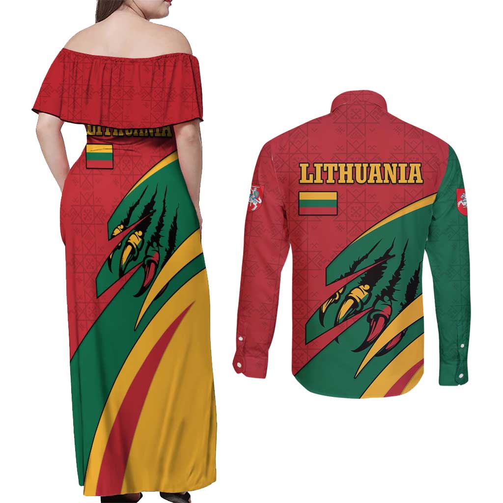 Lithuania Red and Green Couples Matching Off Shoulder Maxi Dress and Long Sleeve Button Shirt with Knight and Dragon Claw Graphic and National Flag - Wonder Print Shop