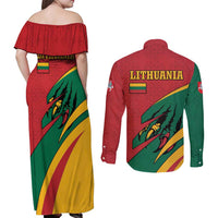 Lithuania Red and Green Couples Matching Off Shoulder Maxi Dress and Long Sleeve Button Shirt with Knight and Dragon Claw Graphic and National Flag - Wonder Print Shop
