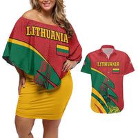 Lithuania Red and Green Couples Matching Off Shoulder Short Dress and Hawaiian Shirt with Knight and Dragon Claw Graphic and National Flag - Wonder Print Shop