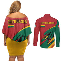 Lithuania Red and Green Couples Matching Off Shoulder Short Dress and Long Sleeve Button Shirt with Knight and Dragon Claw Graphic and National Flag - Wonder Print Shop