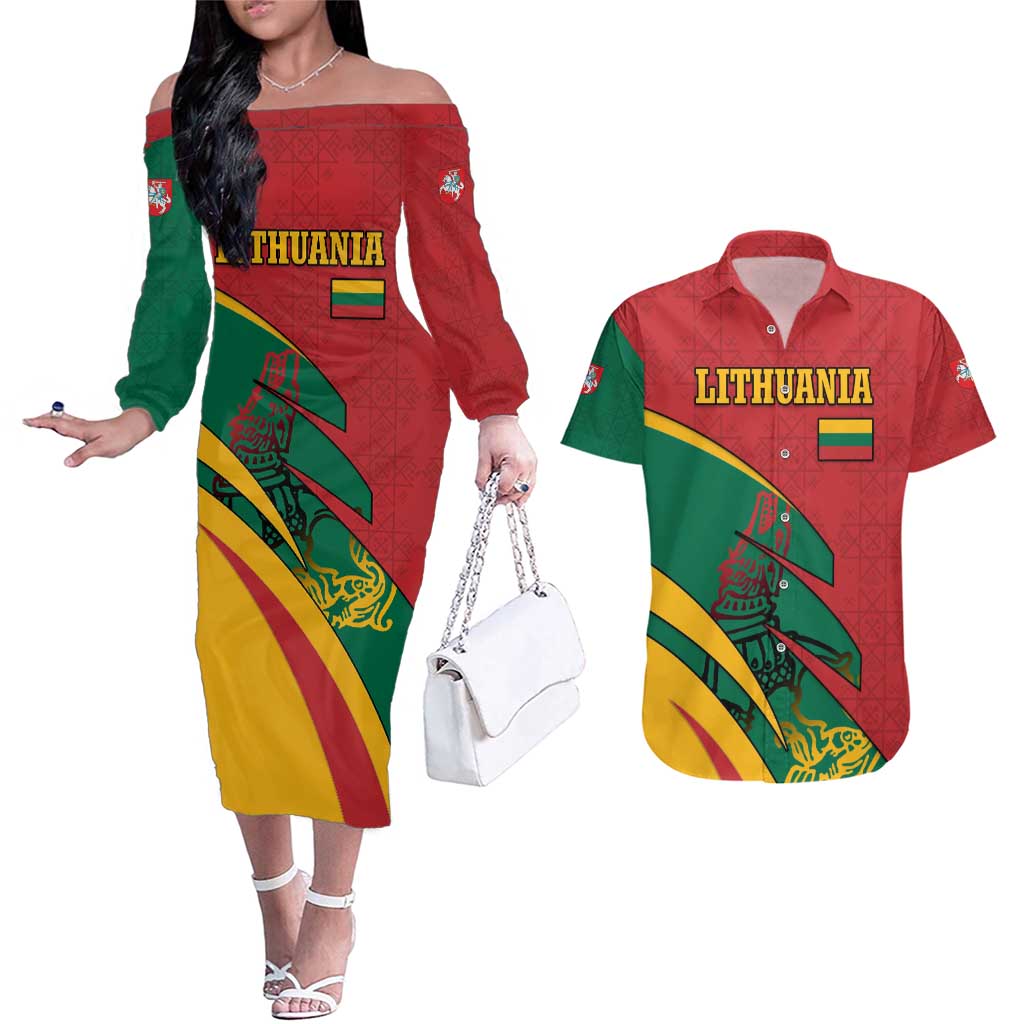 Lithuania Red and Green Couples Matching Off The Shoulder Long Sleeve Dress and Hawaiian Shirt with Knight and Dragon Claw Graphic and National Flag - Wonder Print Shop