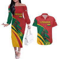 Lithuania Red and Green Couples Matching Off The Shoulder Long Sleeve Dress and Hawaiian Shirt with Knight and Dragon Claw Graphic and National Flag - Wonder Print Shop