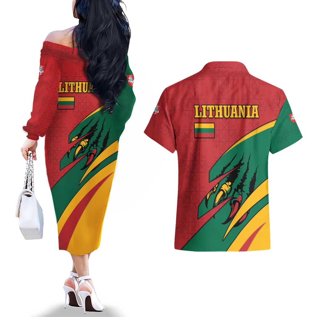 Lithuania Red and Green Couples Matching Off The Shoulder Long Sleeve Dress and Hawaiian Shirt with Knight and Dragon Claw Graphic and National Flag - Wonder Print Shop