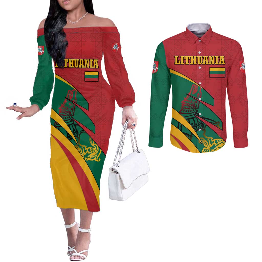 Lithuania Red and Green Couples Matching Off The Shoulder Long Sleeve Dress and Long Sleeve Button Shirt with Knight and Dragon Claw Graphic and National Flag - Wonder Print Shop