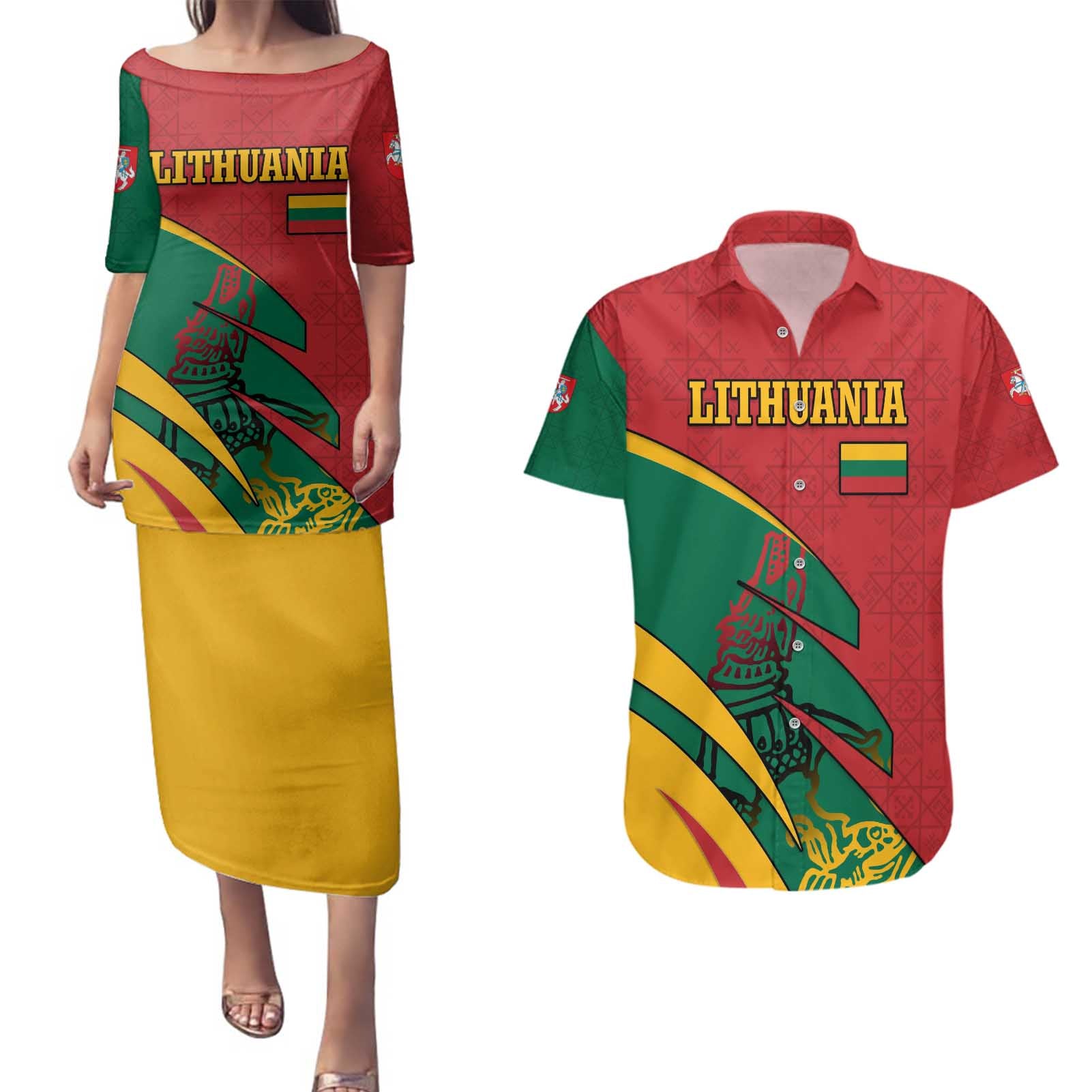 Lithuania Red and Green Couples Matching Puletasi and Hawaiian Shirt with Knight and Dragon Claw Graphic and National Flag - Wonder Print Shop