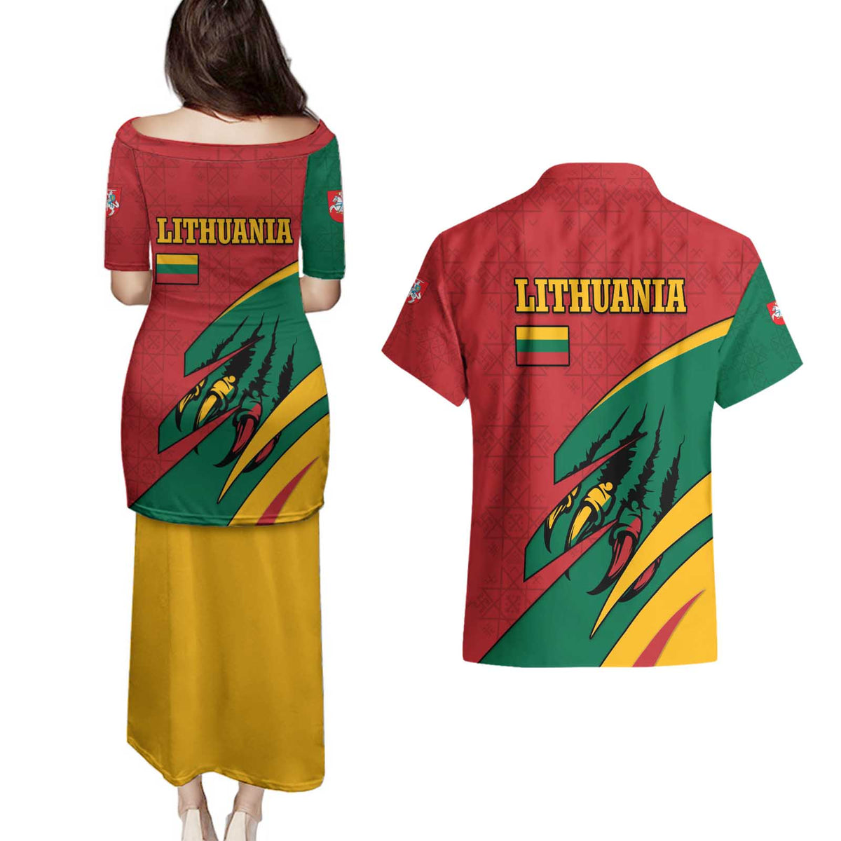 Lithuania Red and Green Couples Matching Puletasi and Hawaiian Shirt with Knight and Dragon Claw Graphic and National Flag - Wonder Print Shop
