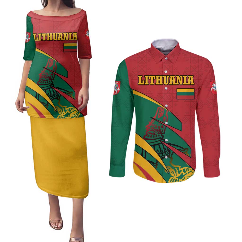 Lithuania Red and Green Couples Matching Puletasi and Long Sleeve Button Shirt with Knight and Dragon Claw Graphic and National Flag - Wonder Print Shop