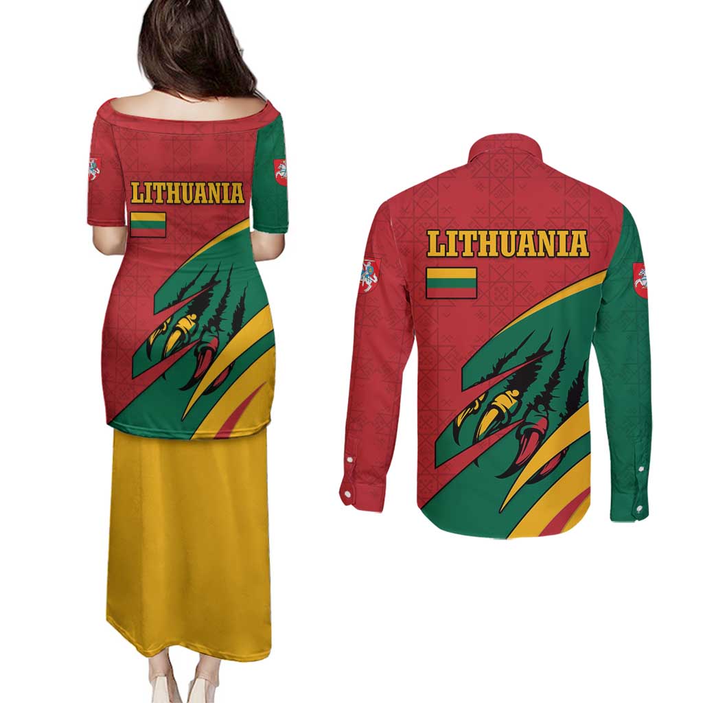 Lithuania Red and Green Couples Matching Puletasi and Long Sleeve Button Shirt with Knight and Dragon Claw Graphic and National Flag - Wonder Print Shop