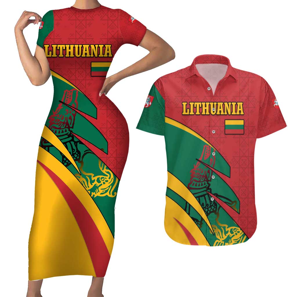 Lithuania Red and Green Couples Matching Short Sleeve Bodycon Dress and Hawaiian Shirt with Knight and Dragon Claw Graphic and National Flag - Wonder Print Shop