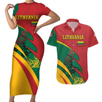 Lithuania Red and Green Couples Matching Short Sleeve Bodycon Dress and Hawaiian Shirt with Knight and Dragon Claw Graphic and National Flag - Wonder Print Shop