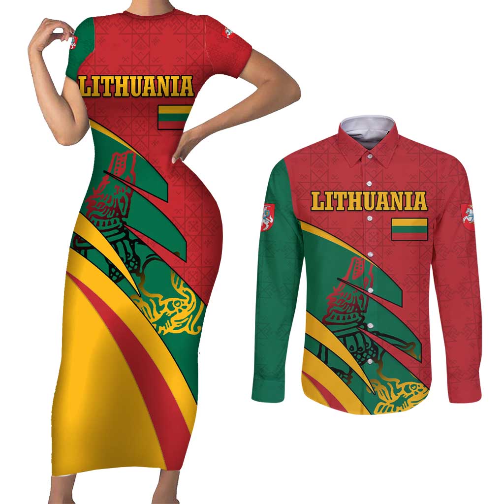 Lithuania Red and Green Couples Matching Short Sleeve Bodycon Dress and Long Sleeve Button Shirt with Knight and Dragon Claw Graphic and National Flag - Wonder Print Shop