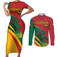 Lithuania Red and Green Couples Matching Short Sleeve Bodycon Dress and Long Sleeve Button Shirt with Knight and Dragon Claw Graphic and National Flag - Wonder Print Shop