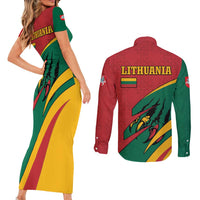 Lithuania Red and Green Couples Matching Short Sleeve Bodycon Dress and Long Sleeve Button Shirt with Knight and Dragon Claw Graphic and National Flag - Wonder Print Shop