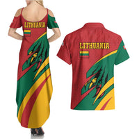 Lithuania Red and Green Couples Matching Summer Maxi Dress and Hawaiian Shirt with Knight and Dragon Claw Graphic and National Flag - Wonder Print Shop