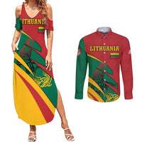 Lithuania Red and Green Couples Matching Summer Maxi Dress and Long Sleeve Button Shirt with Knight and Dragon Claw Graphic and National Flag - Wonder Print Shop