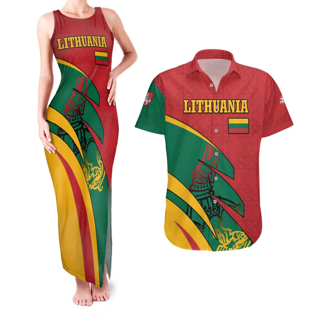 Lithuania Red and Green Couples Matching Tank Maxi Dress and Hawaiian Shirt with Knight and Dragon Claw Graphic and National Flag - Wonder Print Shop