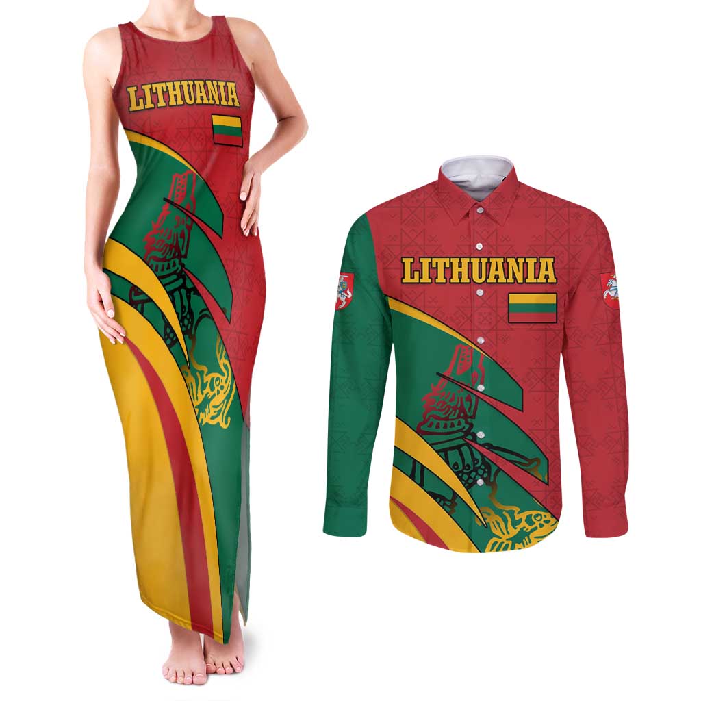 Lithuania Red and Green Couples Matching Tank Maxi Dress and Long Sleeve Button Shirt with Knight and Dragon Claw Graphic and National Flag - Wonder Print Shop