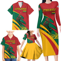 Lithuania Red and Green Family Matching Long Sleeve Bodycon Dress and Hawaiian Shirt with Knight and Dragon Claw Graphic and National Flag - Wonder Print Shop