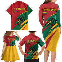 Lithuania Red and Green Family Matching Long Sleeve Bodycon Dress and Hawaiian Shirt with Knight and Dragon Claw Graphic and National Flag - Wonder Print Shop
