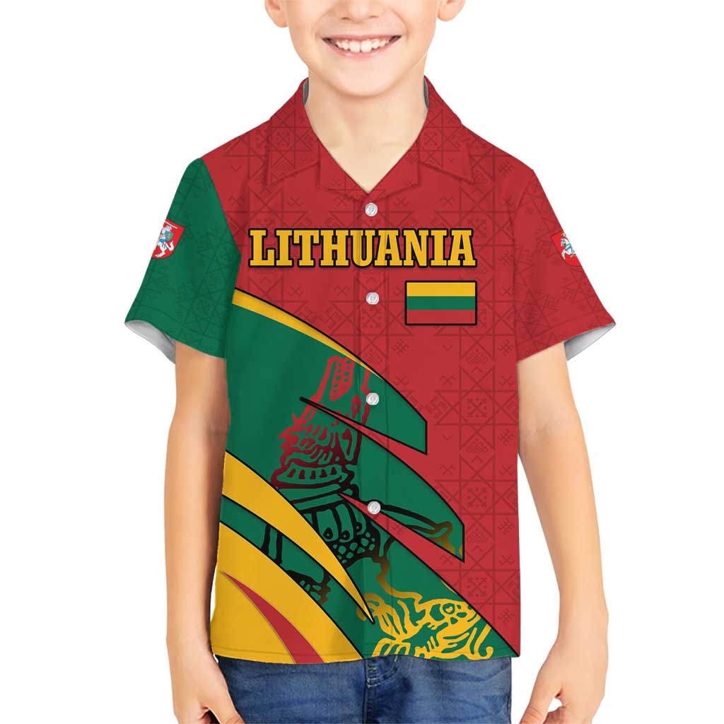 Lithuania Red and Green Family Matching Long Sleeve Bodycon Dress and Hawaiian Shirt with Knight and Dragon Claw Graphic and National Flag - Wonder Print Shop