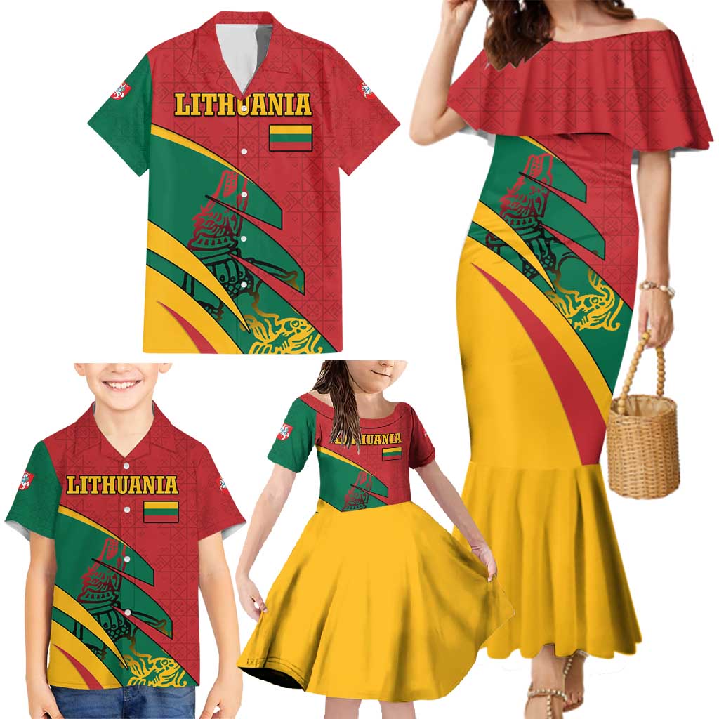 Lithuania Red and Green Family Matching Mermaid Dress and Hawaiian Shirt with Knight and Dragon Claw Graphic and National Flag - Wonder Print Shop