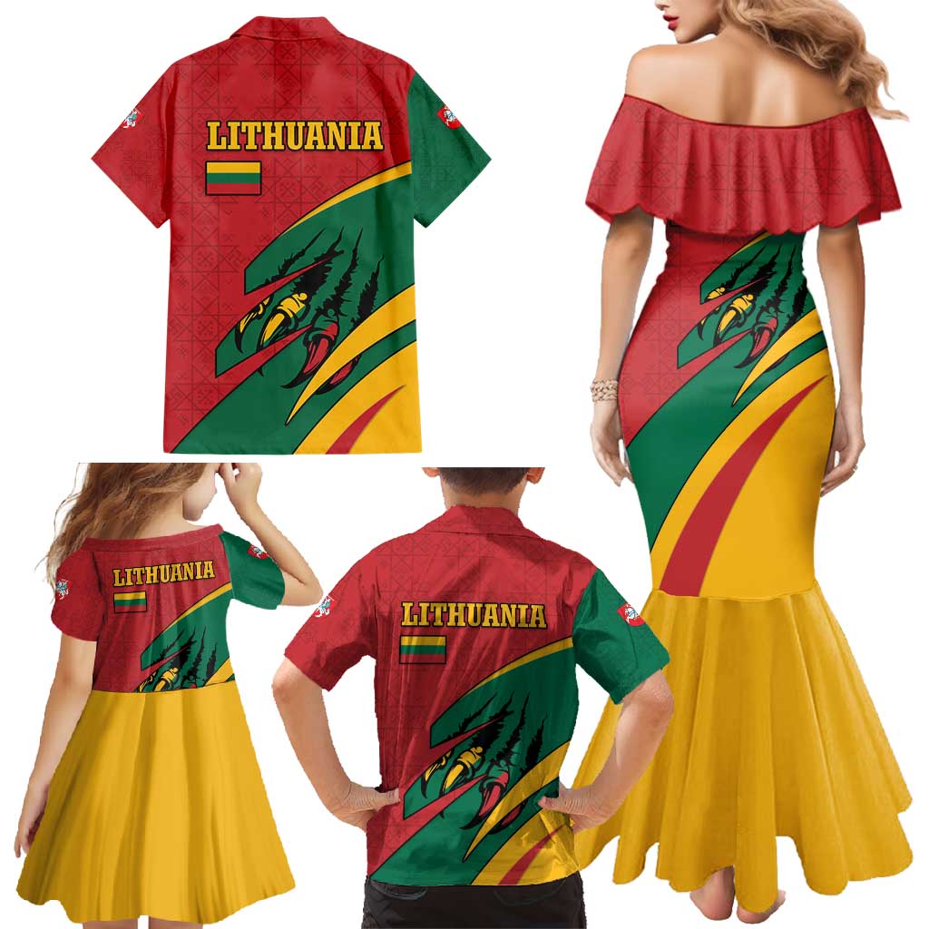 Lithuania Red and Green Family Matching Mermaid Dress and Hawaiian Shirt with Knight and Dragon Claw Graphic and National Flag - Wonder Print Shop
