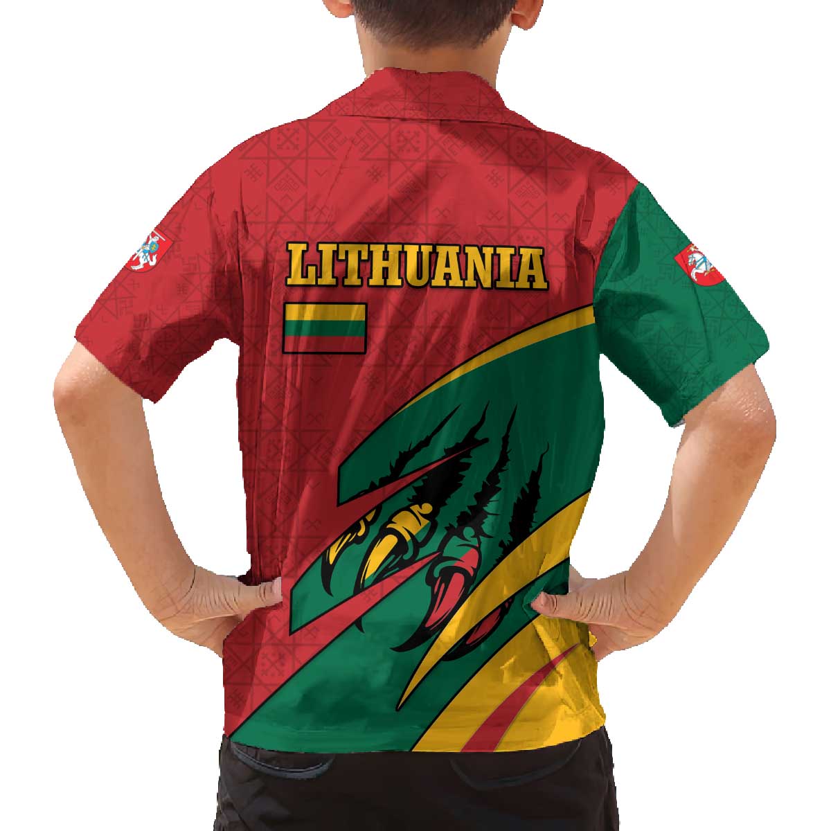 Lithuania Red and Green Family Matching Off The Shoulder Long Sleeve Dress and Hawaiian Shirt with Knight and Dragon Claw Graphic and National Flag - Wonder Print Shop