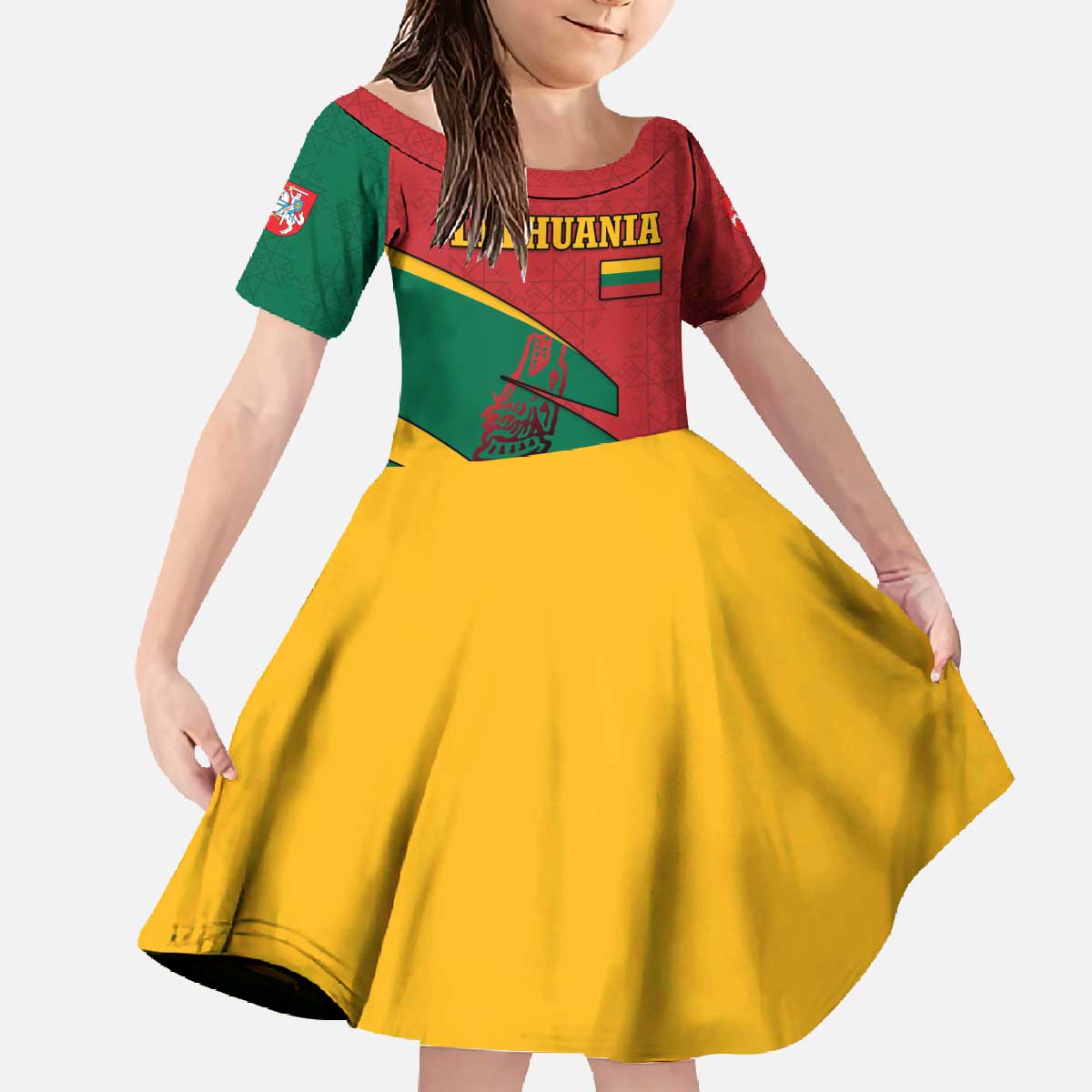 Lithuania Red and Green Family Matching Off The Shoulder Long Sleeve Dress and Hawaiian Shirt with Knight and Dragon Claw Graphic and National Flag - Wonder Print Shop