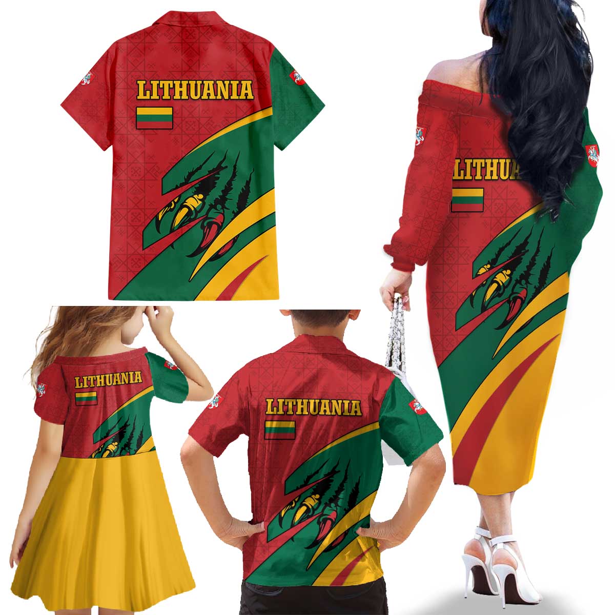 Lithuania Red and Green Family Matching Off The Shoulder Long Sleeve Dress and Hawaiian Shirt with Knight and Dragon Claw Graphic and National Flag - Wonder Print Shop