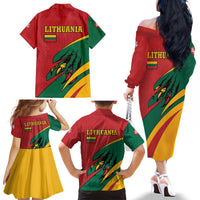 Lithuania Red and Green Family Matching Off The Shoulder Long Sleeve Dress and Hawaiian Shirt with Knight and Dragon Claw Graphic and National Flag - Wonder Print Shop