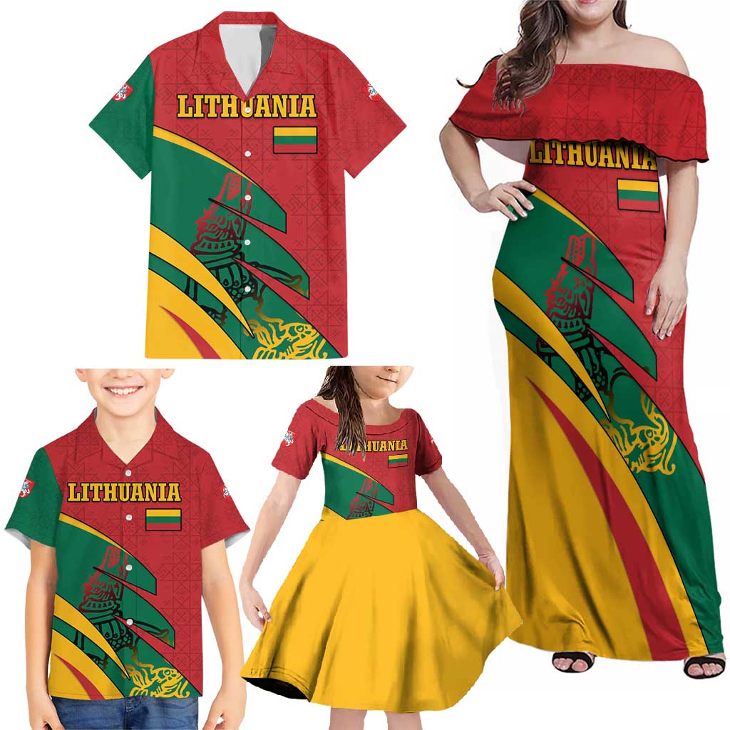Lithuania Red and Green Family Matching Off Shoulder Maxi Dress and Hawaiian Shirt with Knight and Dragon Claw Graphic and National Flag - Wonder Print Shop