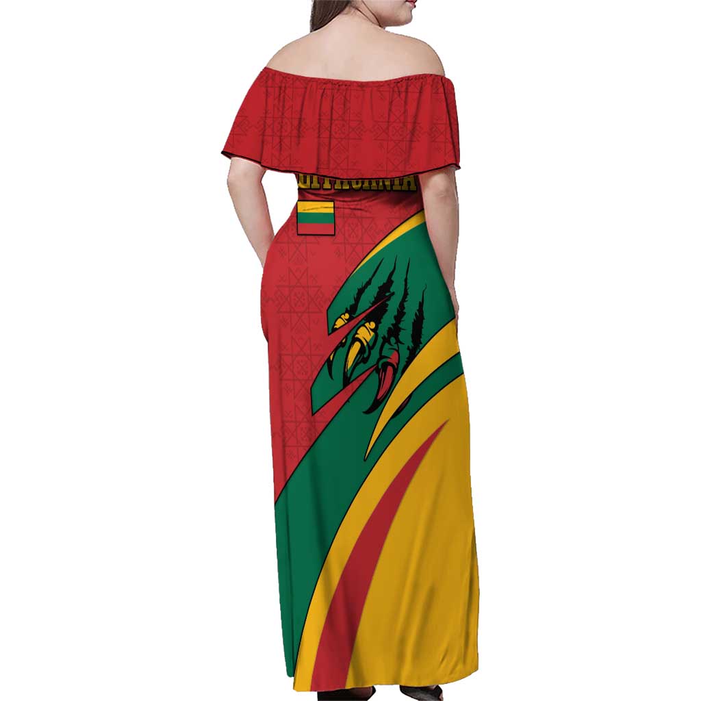 Lithuania Red and Green Family Matching Off Shoulder Maxi Dress and Hawaiian Shirt with Knight and Dragon Claw Graphic and National Flag - Wonder Print Shop