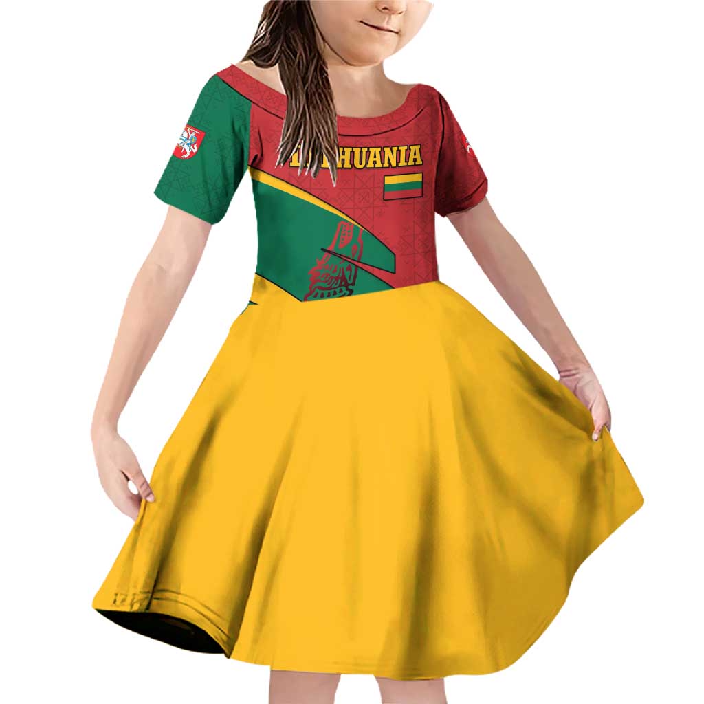 Lithuania Red and Green Family Matching Off Shoulder Short Dress and Hawaiian Shirt with Knight and Dragon Claw Graphic and National Flag - Wonder Print Shop